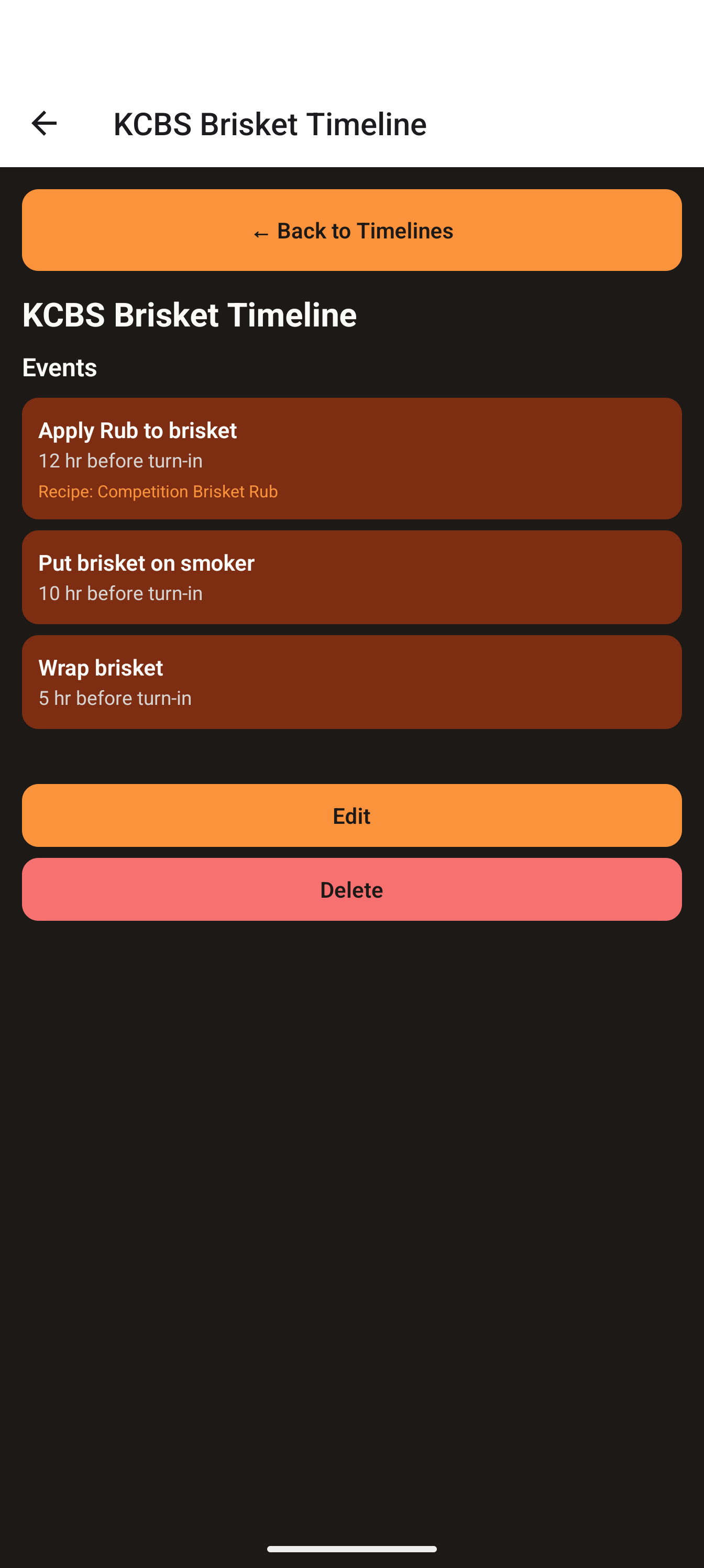 A timeline template with events and time offsets before turn-in