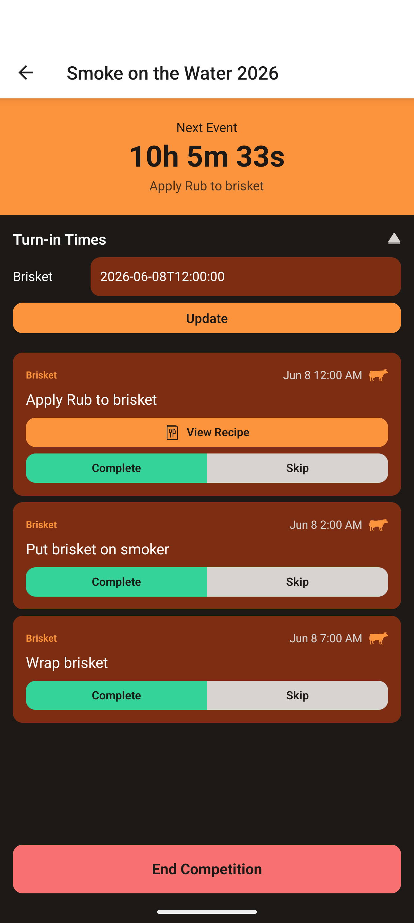 BBQ Cook Log competition mode showing a live countdown and the unified meat timeline
