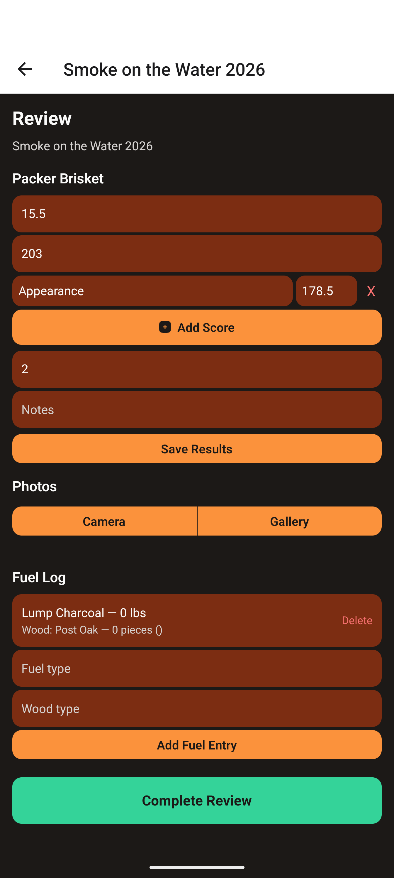 Review mode with judge scores, placement and a fuel log