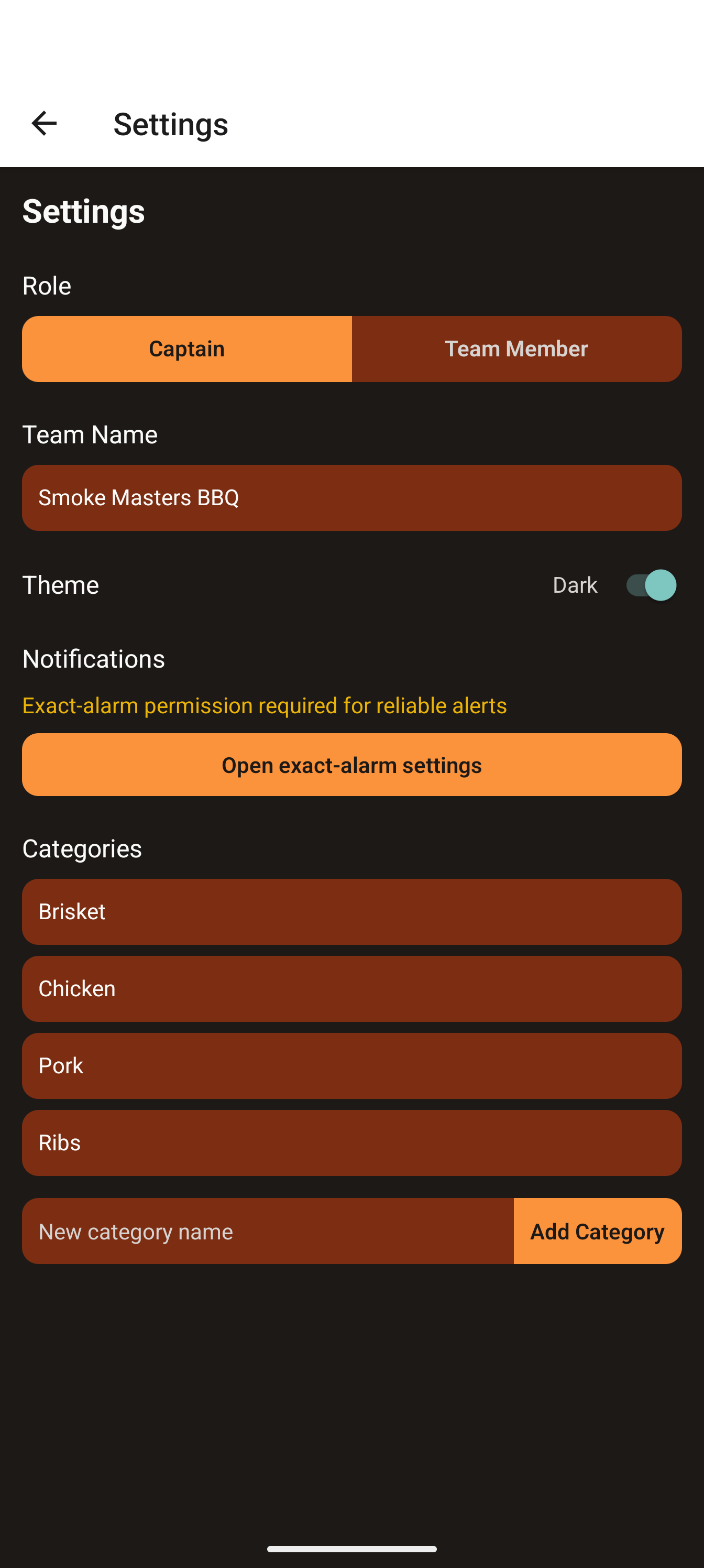 Settings screen showing Role, Team Name, Theme, Notifications and Categories