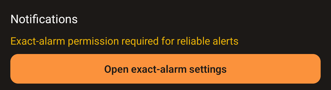 Notifications section showing the orange exact-alarm warning and Open exact-alarm settings button