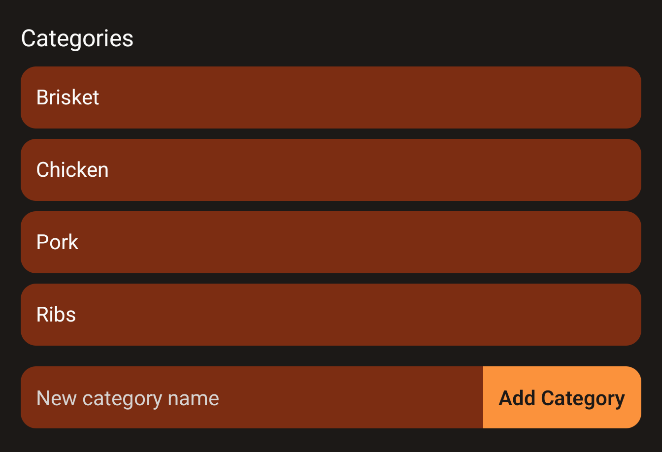 Categories section in Settings with default meat-type categories and the Add Category field