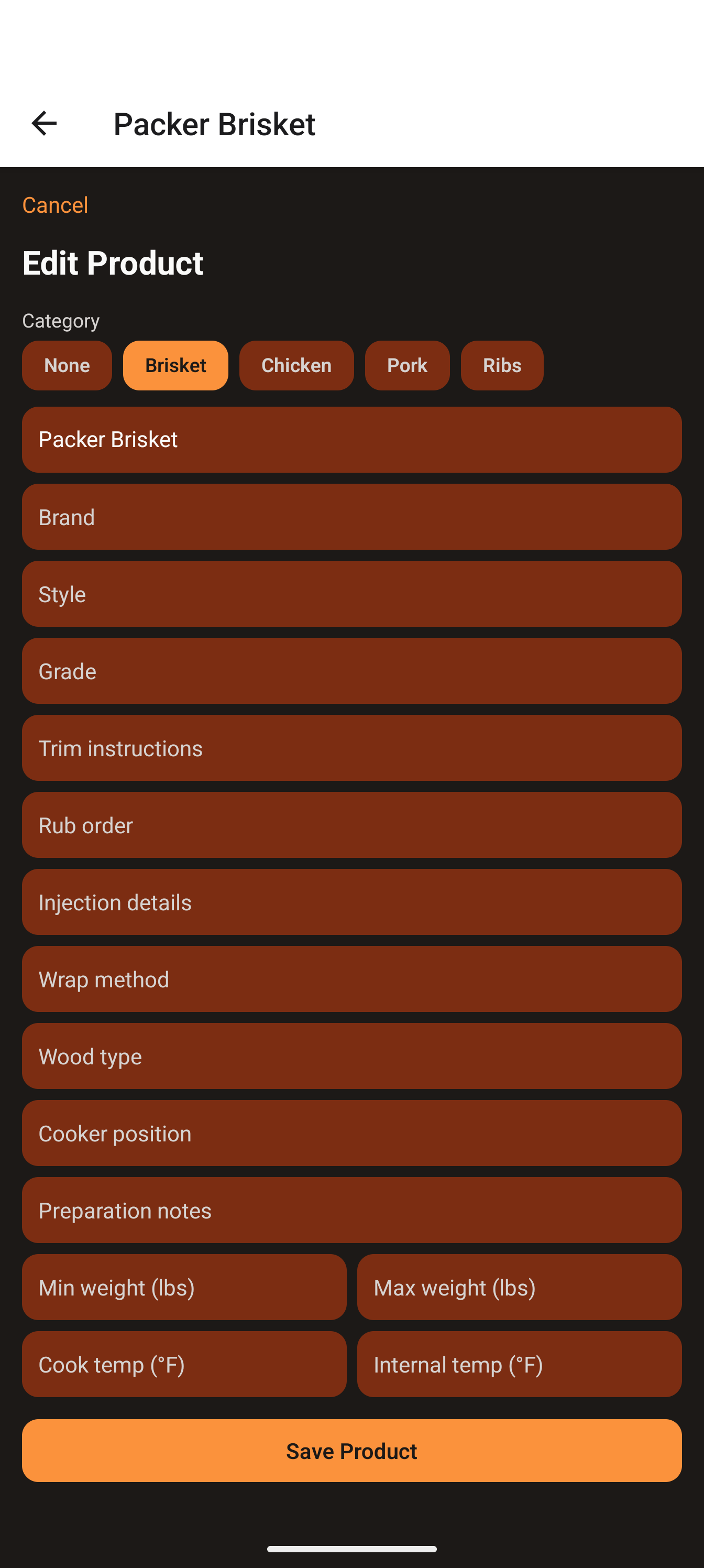 Product form with category pills and meat-prep fields