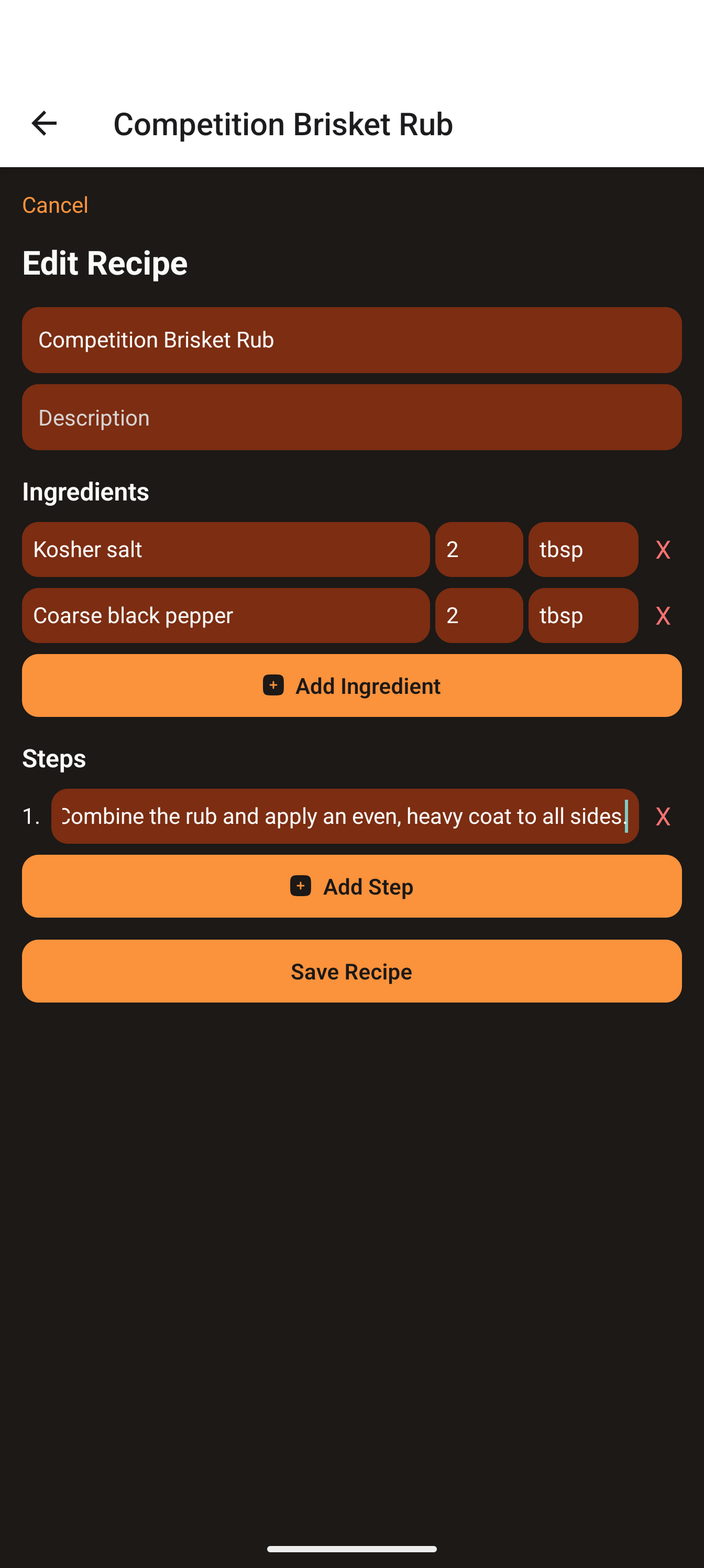 Recipe form with ingredients and a step