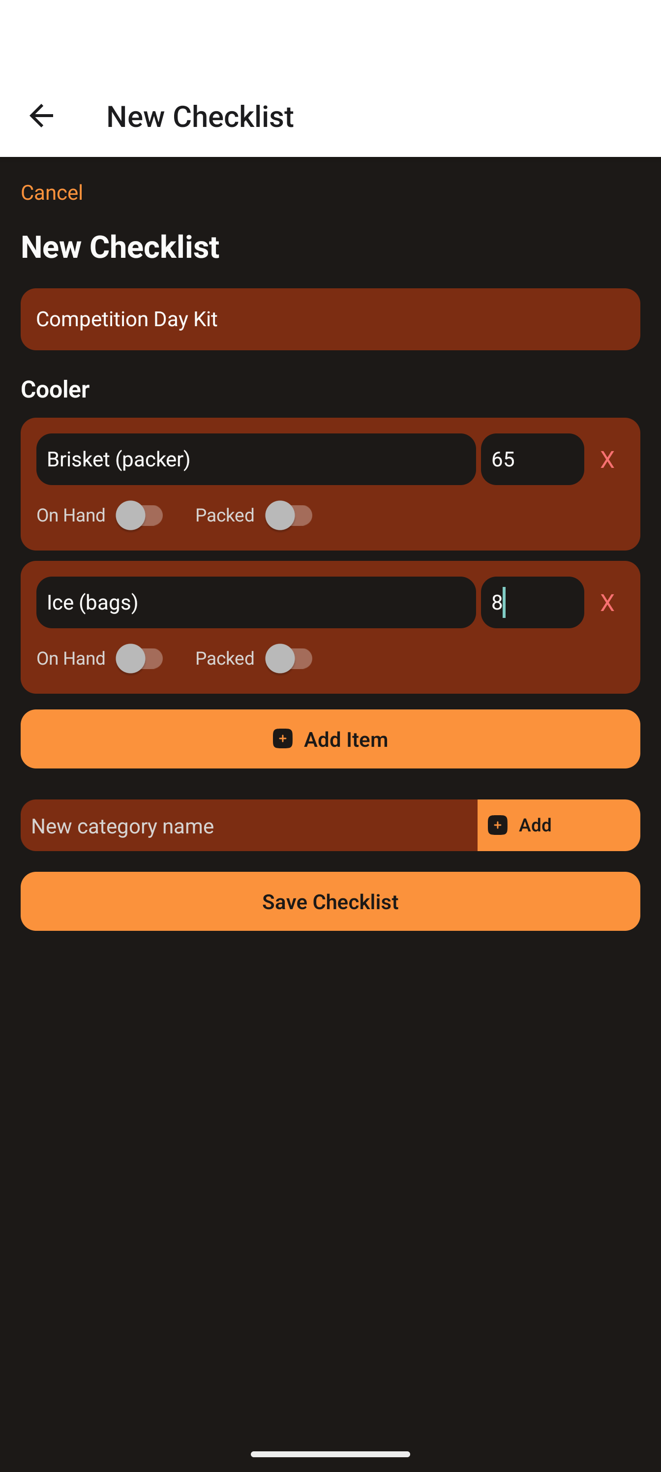 Checklist form with a category group, items, costs and On Hand / Packed switches