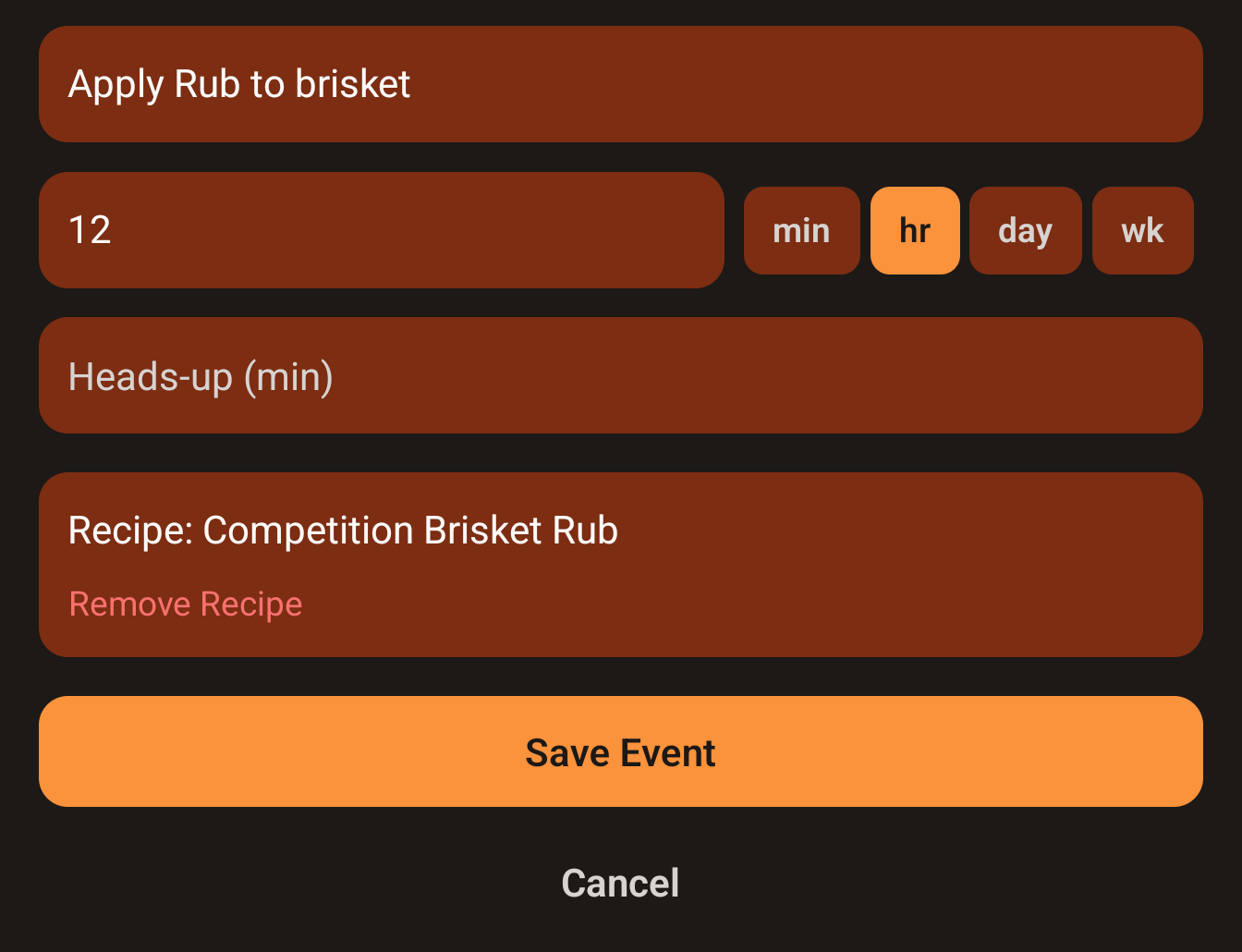 Event editor showing the event title, offset with min/hr/day/wk toggle, heads-up field, and a linked recipe