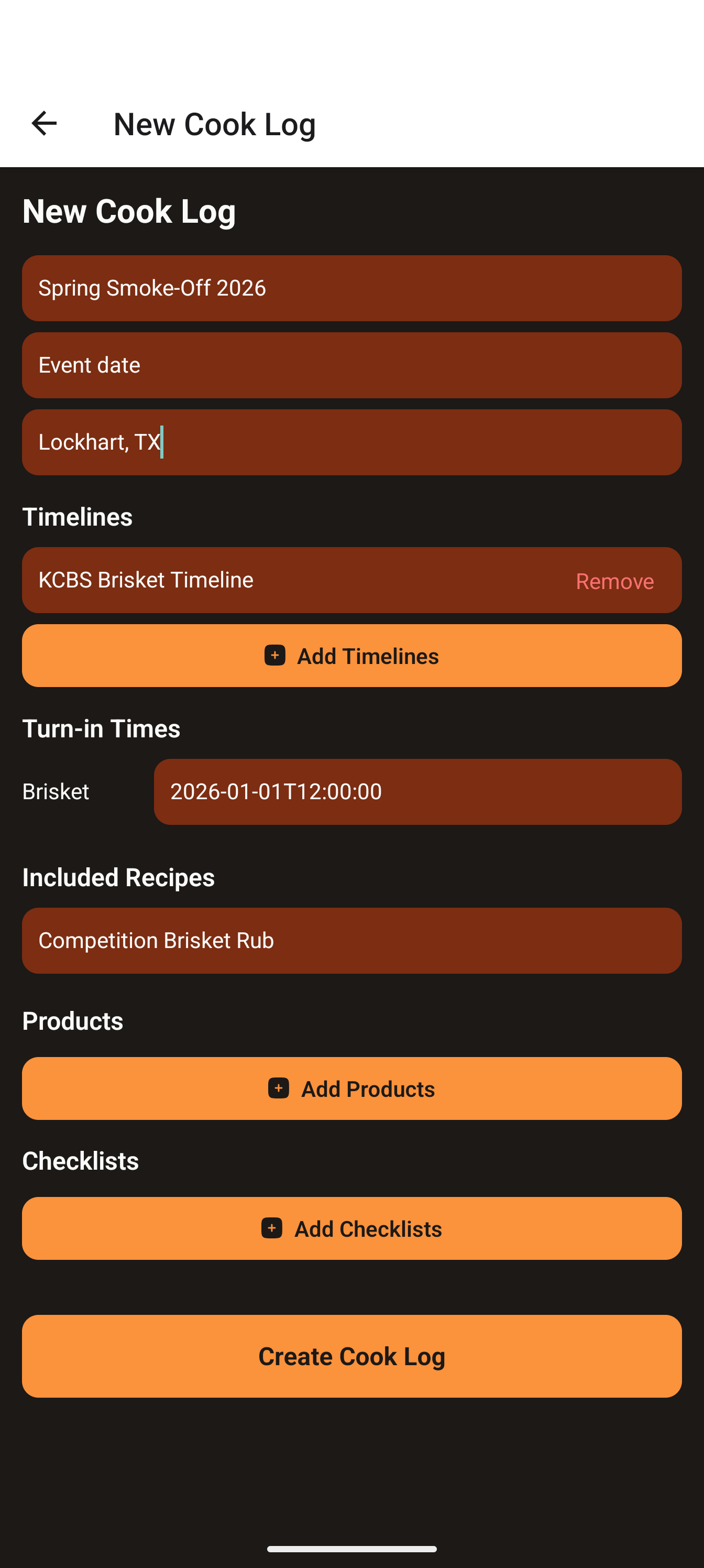 New Cook Log assembly screen with event fields, a selected timeline and turn-in times